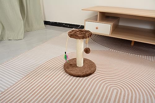 Cat Scratching Post with Premium Natural Sisal Rope - Cats Scratch Post Indoor Play for Small Kitten with Dangling Ball & Feather Toy Covered with Soft Smooth Plush Fabric, Stable Cat Stand (Brown)