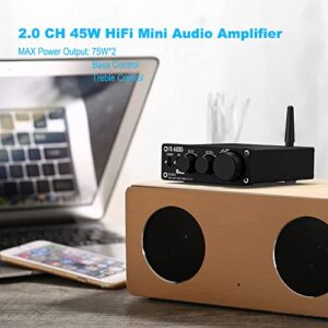 FX-Audio 502E-L Bluetooth 5.1 Stereo Audio Amplifier Receiver 2 Channel Mini Hi-Fi Class D Integrated Amp for Home Speakers 75W x 2 with Bass and Treble Control