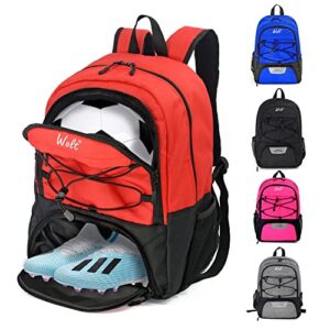 wolt | youth soccer bag - soccer backpack & bags for basketball, volleyball & football sports, includes separate cleat shoe and ball compartment, fit to youth & adult (red)