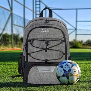 WOLT | Youth Soccer Bag - Soccer Backpack & Bags for Basketball, Volleyball & Football Sports, Includes Separate Cleat Shoe and Ball Compartment, fit to Youth & Adult (Grey)