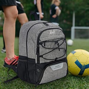 WOLT | Youth Soccer Bag - Soccer Backpack & Bags for Basketball, Volleyball & Football Sports, Includes Separate Cleat Shoe and Ball Compartment, fit to Youth & Adult (Grey)
