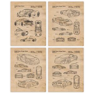 vintage style mclaren cars patent prints, 4 (8x10) unframed photos, wall art decor gifts under 20 for home office garage man cave student teacher coach engineer f1 gt team world racing champion