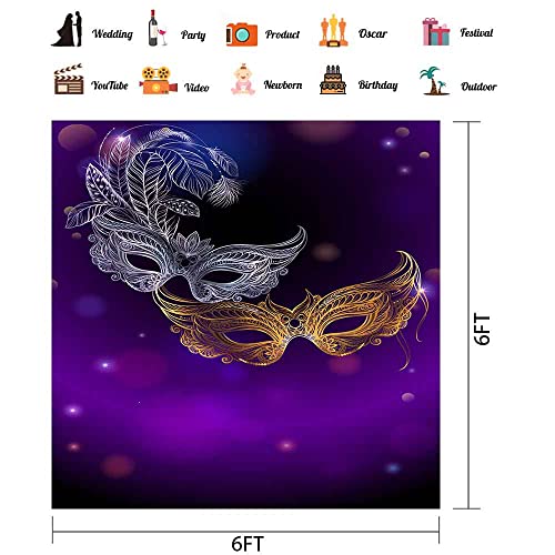 PHMOJEN Gold and Silver Mask Backdrop Prom 2022 Masquerade Violet Photo Backdrop for Graduation Prom Party Decor, Polyester 6x6ft Dress-up Party School Dance Backdrop Photo Studio Props BJLSPH1426