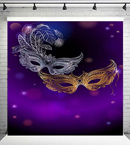 PHMOJEN Gold and Silver Mask Backdrop Prom 2022 Masquerade Violet Photo Backdrop for Graduation Prom Party Decor, Polyester 6x6ft Dress-up Party School Dance Backdrop Photo Studio Props BJLSPH1426
