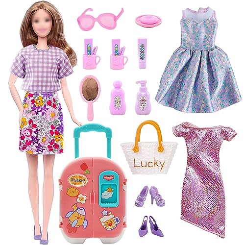 Doll Travel Clothes and Accessories for 11.5 inch Doll Travel Carrier Storage Including Luggage 3 Sets Clothes Sunglasses Handbag Shoes (Doll is Not Included)