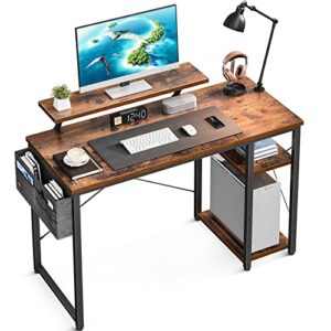 odk 39 inch computer desk with monitor stand and reversible 2-tier storage shelves, home office desks, work study pc office desk for small spaces, vintage desk with shelves
