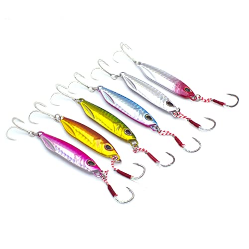 Jigging Lures Fishing, 30g Slow Jig Baits, Offshore Micro Jigs for Tuna King Sna Grouper Bass, Metal Jig with Treble Hook and Assist Hooks 7Pieces/6Pieces