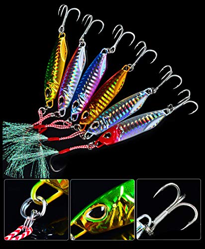 Jigging Lures Fishing, 30g Slow Jig Baits, Offshore Micro Jigs for Tuna King Sna Grouper Bass, Metal Jig with Treble Hook and Assist Hooks 7Pieces/6Pieces