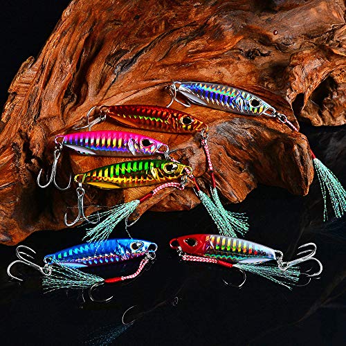 Jigging Lures Fishing, 30g Slow Jig Baits, Offshore Micro Jigs for Tuna King Sna Grouper Bass, Metal Jig with Treble Hook and Assist Hooks 7Pieces/6Pieces