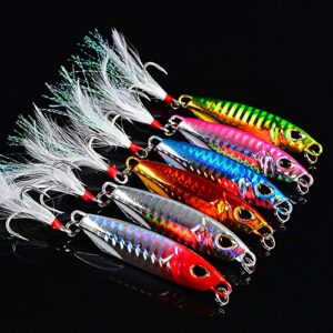 Jigging Lures Fishing, 30g Slow Jig Baits, Offshore Micro Jigs for Tuna King Sna Grouper Bass, Metal Jig with Treble Hook and Assist Hooks 7Pieces/6Pieces