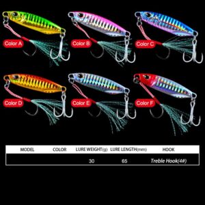 Jigging Lures Fishing, 30g Slow Jig Baits, Offshore Micro Jigs for Tuna King Sna Grouper Bass, Metal Jig with Treble Hook and Assist Hooks 7Pieces/6Pieces