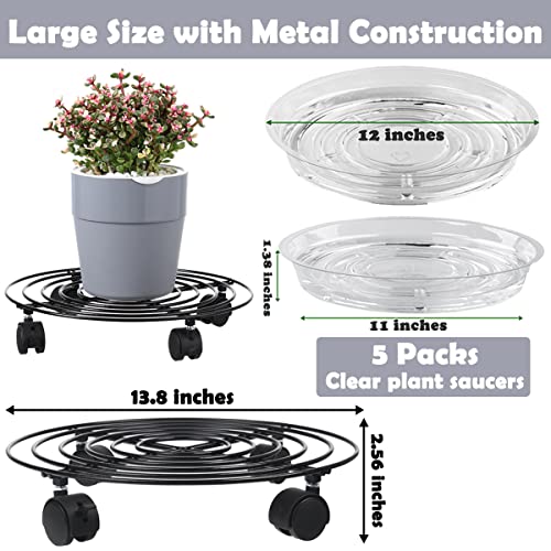 5 Packs Large Metal Plant Caddy 13.8” Plant Dolly with Wheels Heavy-Duty Wrought Iron Rolling Plant Stand with Casters for Indoor and Outdoor Plant Pot Rollers Black, Plastic Saucers Included