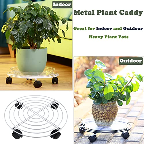 5 Packs Large Metal Plant Caddy 13.8” Plant Dolly with Wheels Heavy-Duty Wrought Iron Rolling Plant Stand with Casters for Indoor and Outdoor Plant Pot Rollers Black, Plastic Saucers Included