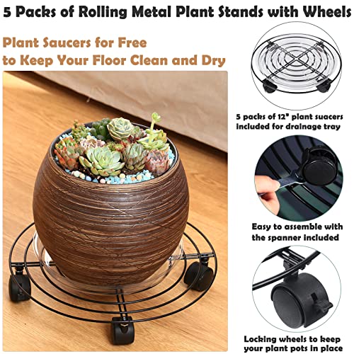 5 Packs Large Metal Plant Caddy 13.8” Plant Dolly with Wheels Heavy-Duty Wrought Iron Rolling Plant Stand with Casters for Indoor and Outdoor Plant Pot Rollers Black, Plastic Saucers Included
