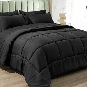 phf 7 pieces queen comforter set black, bed in a bag comforter & 16" sheet set all season, ultra soft noiseless bedding sets with comforter, sheets, pillowcases & shams