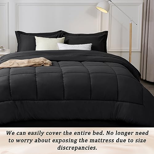 PHF 7 Pieces Queen Comforter Set Black, Bed in a Bag Comforter & 16" Sheet Set All Season, Ultra Soft Noiseless Bedding Sets with Comforter, Sheets, Pillowcases & Shams