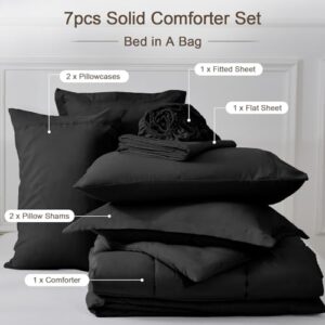 PHF 7 Pieces Queen Comforter Set Black, Bed in a Bag Comforter & 16" Sheet Set All Season, Ultra Soft Noiseless Bedding Sets with Comforter, Sheets, Pillowcases & Shams