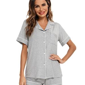 Aamikast Button Up Pajama Set for Women Shorts Short Sleeve Knit Sleepwear 2 Pice Pjs Sets (X-Large, Light Gray)