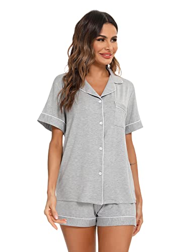 Aamikast Button Up Pajama Set for Women Shorts Short Sleeve Knit Sleepwear 2 Pice Pjs Sets (X-Large, Light Gray)