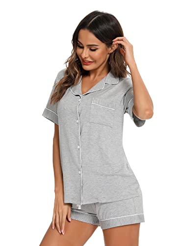 Aamikast Button Up Pajama Set for Women Shorts Short Sleeve Knit Sleepwear 2 Pice Pjs Sets (X-Large, Light Gray)