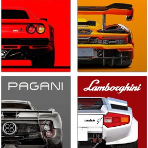 Modern Car Posters Classic Supercar Wall Art Prints, Cool Racing Ferrari Lamborghini McLaren Pagani Canvas Posters for Man Cave Boys Room Wall Decor, Sports Car Art Prints, Set of 4 (8"x10" Unframed)