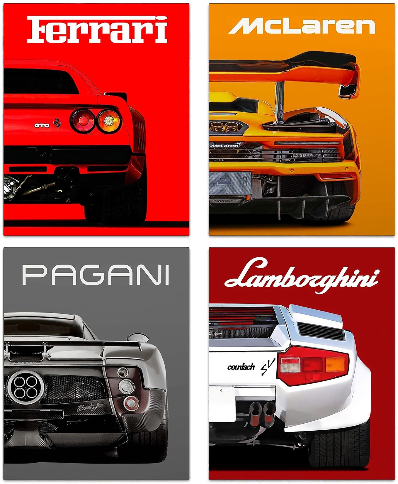 Modern Car Posters Classic Supercar Wall Art Prints, Cool Racing Ferrari Lamborghini McLaren Pagani Canvas Posters for Man Cave Boys Room Wall Decor, Sports Car Art Prints, Set of 4 (8"x10" Unframed)