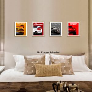 Modern Car Posters Classic Supercar Wall Art Prints, Cool Racing Ferrari Lamborghini McLaren Pagani Canvas Posters for Man Cave Boys Room Wall Decor, Sports Car Art Prints, Set of 4 (8"x10" Unframed)