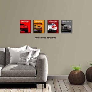 Modern Car Posters Classic Supercar Wall Art Prints, Cool Racing Ferrari Lamborghini McLaren Pagani Canvas Posters for Man Cave Boys Room Wall Decor, Sports Car Art Prints, Set of 4 (8"x10" Unframed)