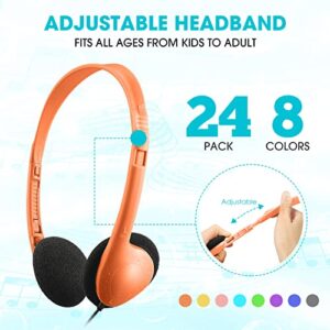 24 Pack Class Set Classroom School Headphones for Kids Child Children Multi Colored Stereo Over Ear Earphones Student Over The Head Headphones Bulk with 3.5 mm Headphone Plug for Adults, 8 Color