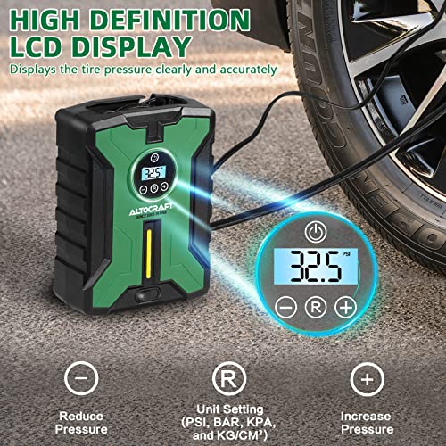 ALTOCRAFT Portable Tire Inflator Pump Air Compressor 12V DC with Digital Pressure Gauge and LED Light,150PSI Auto Shut-Off for Car, Bicycle, Motorcycle, and Other Inflatables,Black & Green