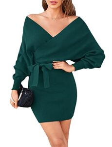 zonsaoja women's sweater mini dress long sleeve bodycon wrap knitted dresses green xs