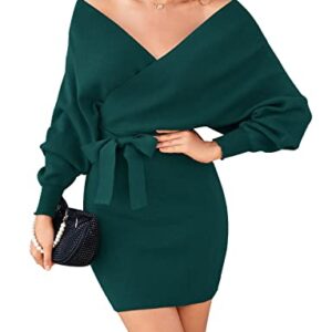 Zonsaoja Women's Sweater Mini Dress Long Sleeve Bodycon Wrap Knitted Dresses Green XS