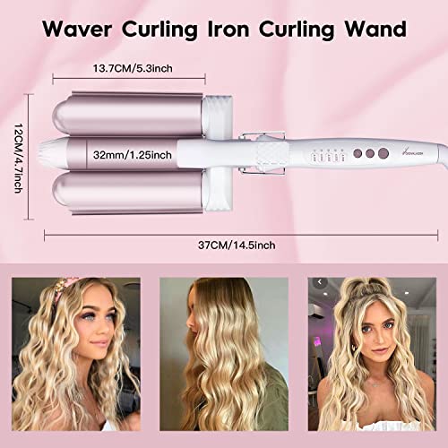 3 Jumbo Barrel Curling Iron Waver Curling Wand-1.25 Inch Ceramic Tourmaline Triple Barrels Dual Voltage Temperature Adjustable Big Waves Hair Crimper