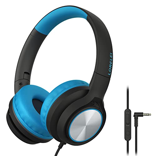 LORELEI E7 Kids Headphones with Microphone, Safe Volume Limiter 85/94dB, Foldable Stereo Tangle-Free On-Ear Wired Headphones for Toddlers/Boys/Girls/School/iPad/Laptop/Travel (Black&Blue)
