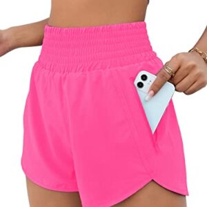 BMJL Women's Athletic Shorts High Waisted Running Shorts Pocket Sporty Shorts Gym Elastic Workout Shorts(L,Hot Pink)