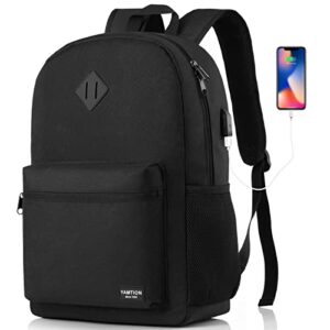 yamtion black backpack for women men,casual school backpack teen boys and girls 15.6 inch laptop bookbag with usb charger for college high school travel business