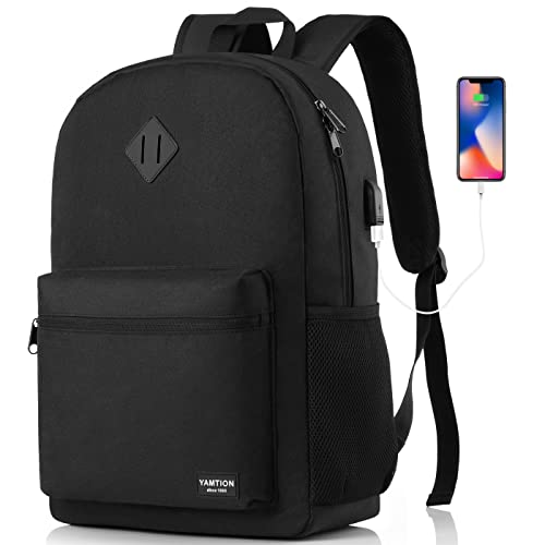 YAMTION Black Backpack for Women Men,Casual School Backpack Teen Boys and Girls 15.6 Inch Laptop Bookbag with USB Charger for College High School Travel Business