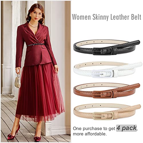 SUOSDEY 4 Pack Thin Belts for Women Skinny Leather Belts with Metal Buckle for Dresses Pants Jeans