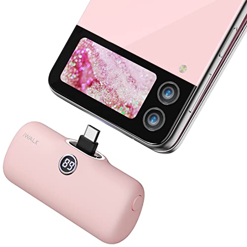 iWALK Portable Charger, PD USB C Power Bank [2023 Upgrade] Small Fast Charging Docking Battery with LED Display Compatible with Samsung Galaxy Z Flip5/4,S23,S22,S20,Android Phones,Pink