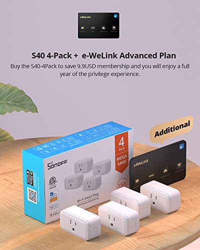 SONOFF S40 WiFi Smart Plug with Energy Monitoring, 15A Smart Outlet Socket ETL Certified, Work with Alexa & Google Home Assistant, IFTTT Supporting, 2.4 Ghz WiFi Only (4-Pack)