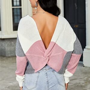 ZAFUL Women's Fashion Colorblock Sweater Knot Back V Neck Sexy Knit Pullover Long Sleeve Top (0-Multi, M)