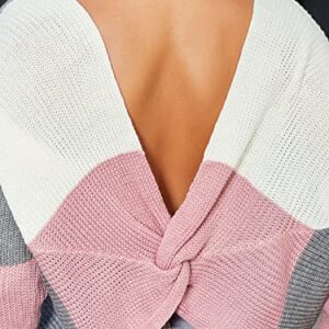 ZAFUL Women's Fashion Colorblock Sweater Knot Back V Neck Sexy Knit Pullover Long Sleeve Top (0-Multi, M)