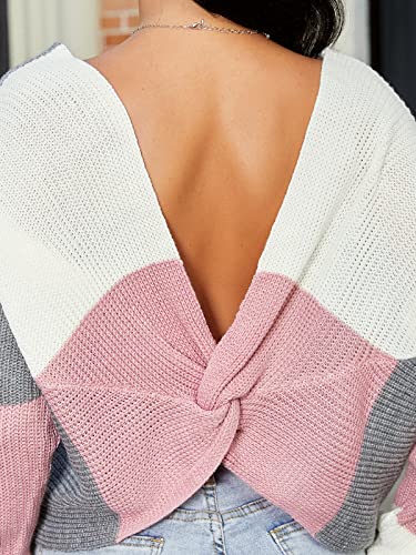 ZAFUL Women's Fashion Colorblock Sweater Knot Back V Neck Sexy Knit Pullover Long Sleeve Top (0-Multi, M)