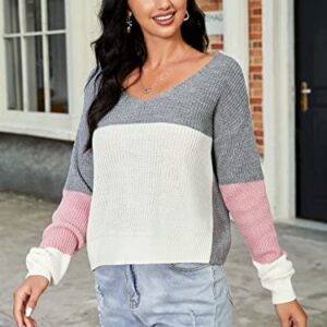 ZAFUL Women's Fashion Colorblock Sweater Knot Back V Neck Sexy Knit Pullover Long Sleeve Top (0-Multi, M)