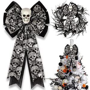 skull gothic decor,halloween bows for wreaths decorations, halloween tree topper bow, decorative bow with skull glitter silver black burlap for fall home front door outdoor