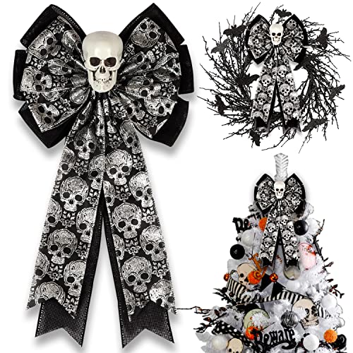 Skull Gothic Decor,Halloween Bows for Wreaths Decorations, Halloween Tree Topper Bow, Decorative Bow with Skull Glitter Silver Black Burlap for Fall Home Front Door Outdoor