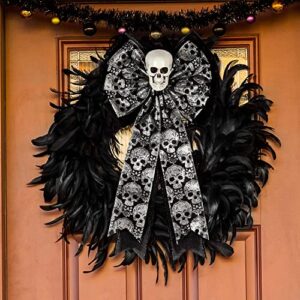 Skull Gothic Decor,Halloween Bows for Wreaths Decorations, Halloween Tree Topper Bow, Decorative Bow with Skull Glitter Silver Black Burlap for Fall Home Front Door Outdoor