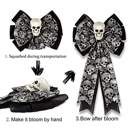 Skull Gothic Decor,Halloween Bows for Wreaths Decorations, Halloween Tree Topper Bow, Decorative Bow with Skull Glitter Silver Black Burlap for Fall Home Front Door Outdoor