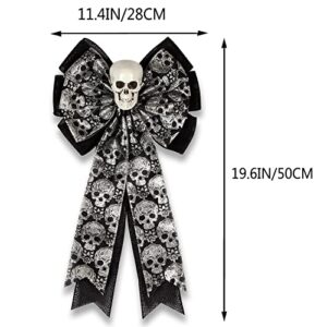 Skull Gothic Decor,Halloween Bows for Wreaths Decorations, Halloween Tree Topper Bow, Decorative Bow with Skull Glitter Silver Black Burlap for Fall Home Front Door Outdoor