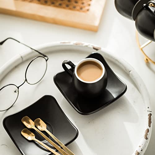 LYEOBOH Espresso Cups with Saucers Set, 3 Ounces Porcelain Coffee Cups with Metal Stand and Spoons,Cappuccino Cups Cute Demitasse Cups for Coffee Drinks, Latte, Tea Set of 6, Black